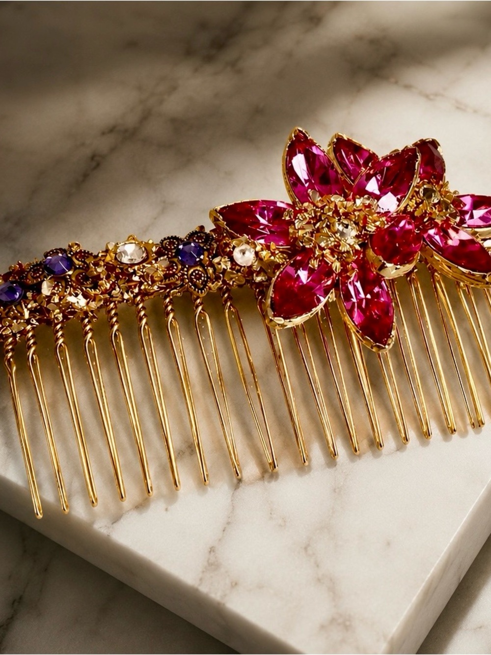Floral Gold Tone Hair Comb with Pink Crystal Flower Accent